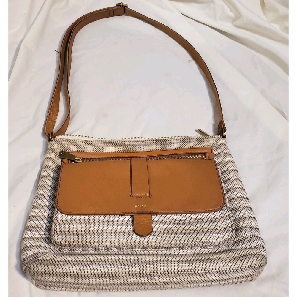 Fossil Women's Kinley Crossbody Tan‎ Bag Leather & Canvas Med Adj Strap